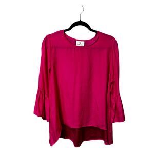 La Roque Pink 3/4 Ruffle Sleeve Round Neck Hi Low Silk Blouse Top Womens Large